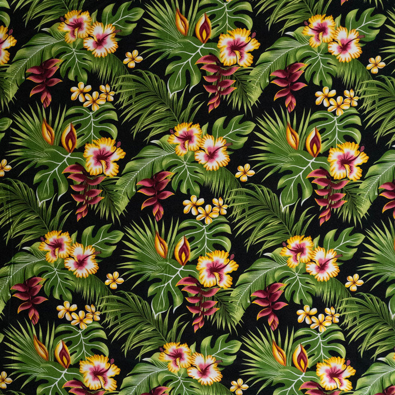 Hibiscus Plumeria Split Banana Palm Leaves Fabric | Rayon Poplin