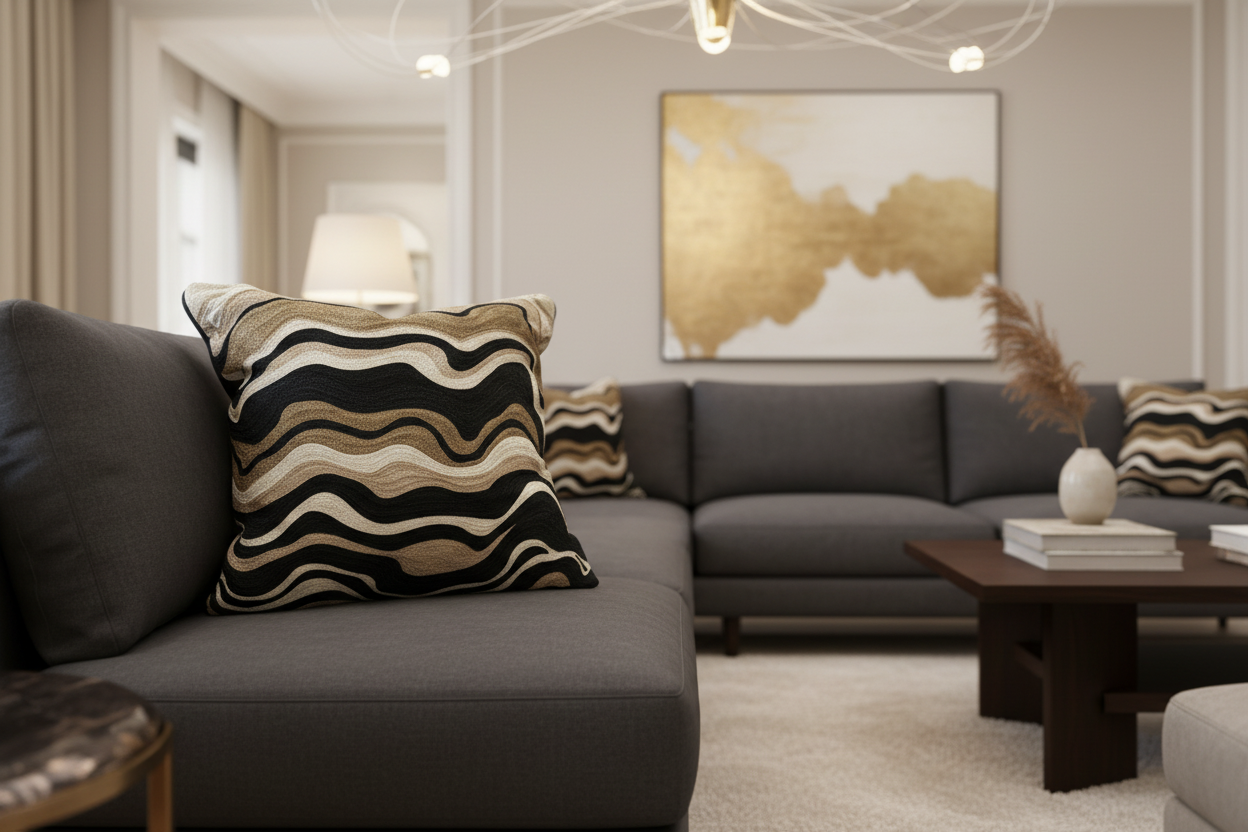 Black Velvet Throw Pillow with Bronze, Black, Beige & Ivory Abstract Embroidery - SEV005.