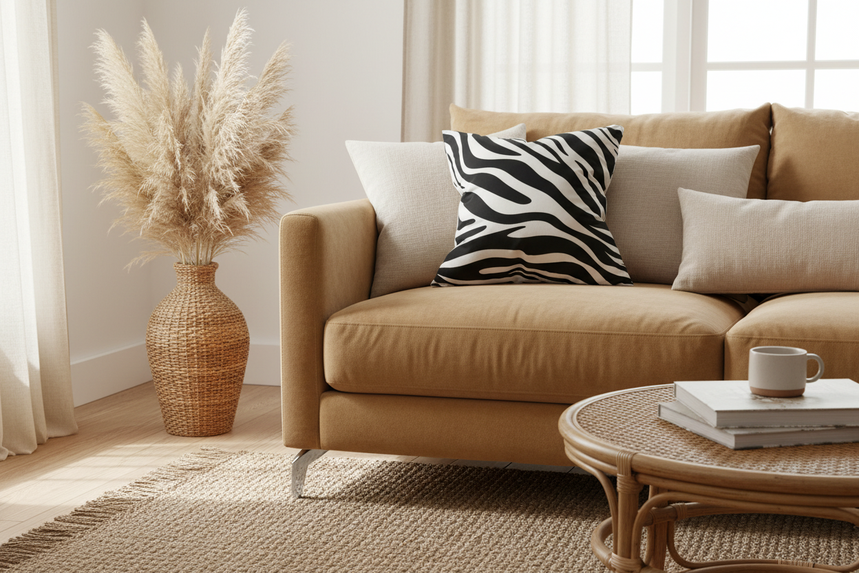 Chic Velvet Accent Throw Pillow – White Abstract with Sleek Black Zebra Design - VIVA020.