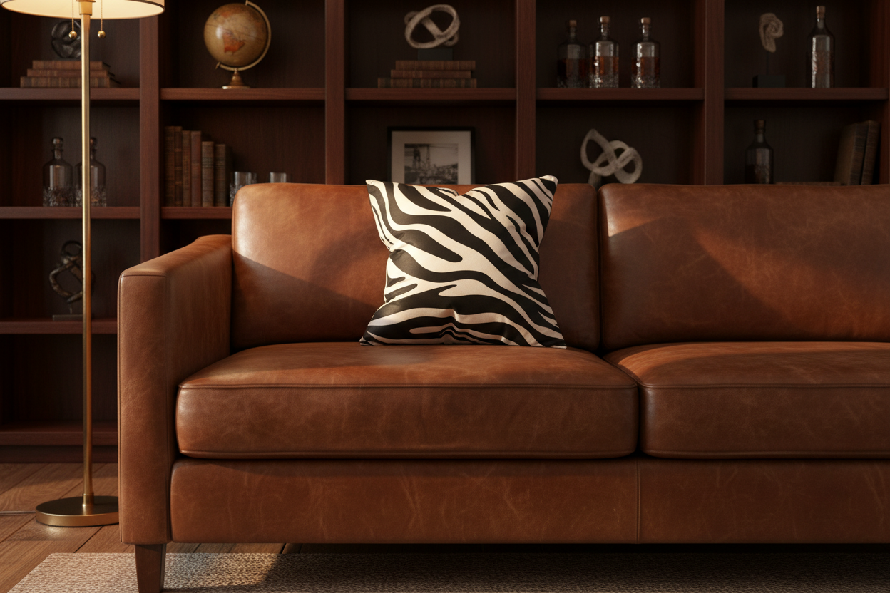 Chic Velvet Accent Throw Pillow – White Abstract with Sleek Black Zebra Design - VIVA020.